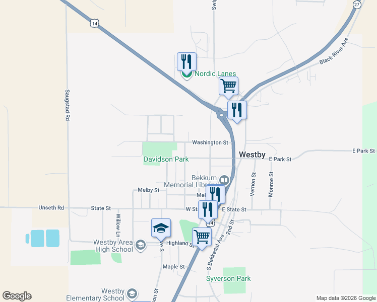map of restaurants, bars, coffee shops, grocery stores, and more near 215 Washington Street in Westby