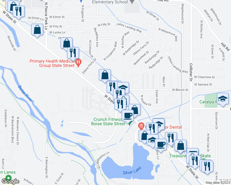 map of restaurants, bars, coffee shops, grocery stores, and more near 5684 West Bloom Street in Boise