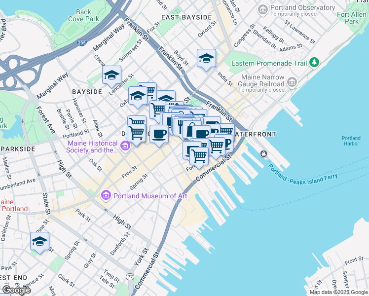 map of restaurants, bars, coffee shops, grocery stores, and more near 195 Middle Street in Portland