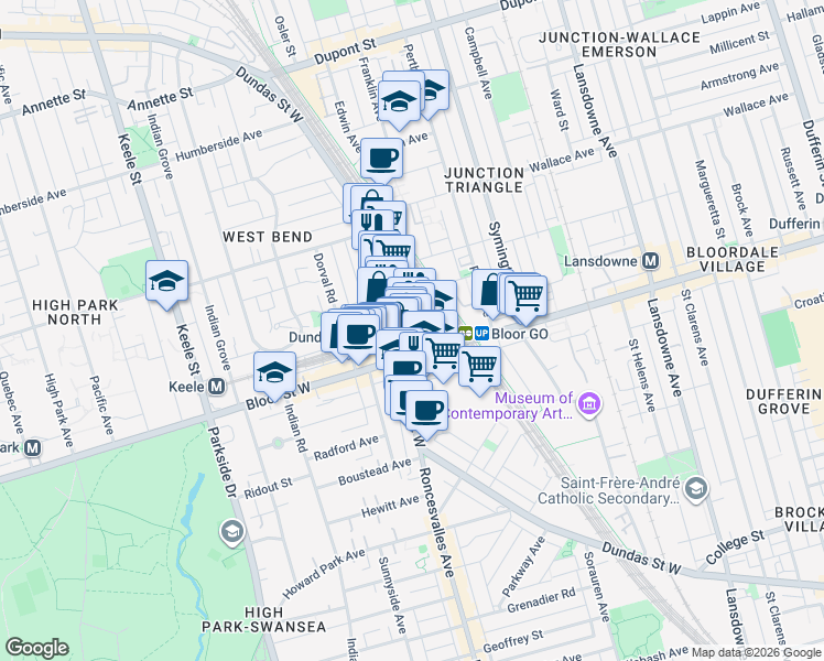 map of restaurants, bars, coffee shops, grocery stores, and more near 2360 Dundas Street West in Toronto