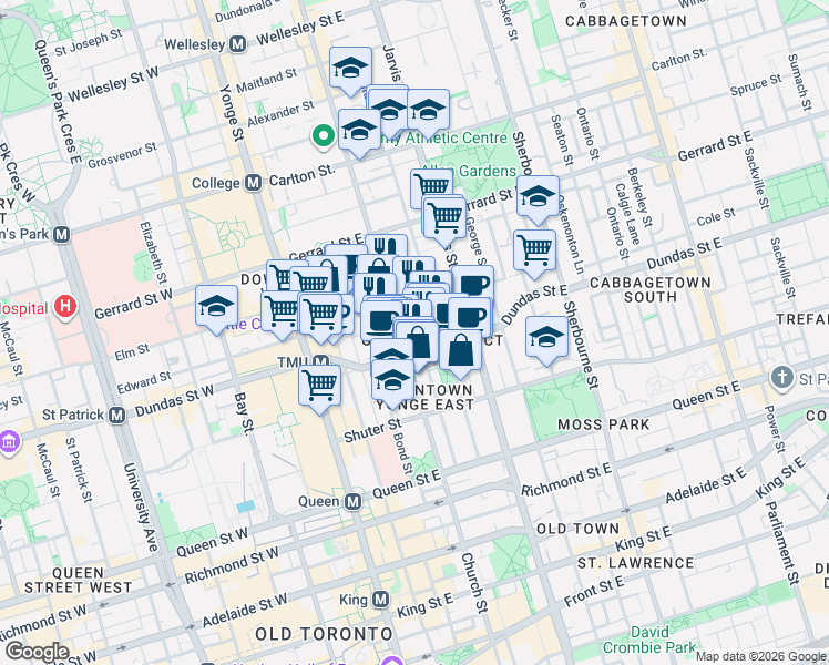 map of restaurants, bars, coffee shops, grocery stores, and more near 135 Dalhousie Street in Toronto