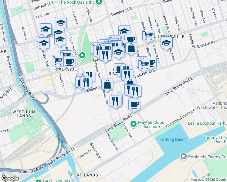map of restaurants, bars, coffee shops, grocery stores, and more near 109 Logan Avenue in Toronto