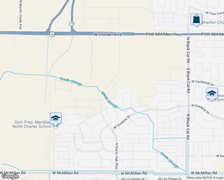 map of restaurants, bars, coffee shops, grocery stores, and more near 6210 North Levi Lane in Meridian