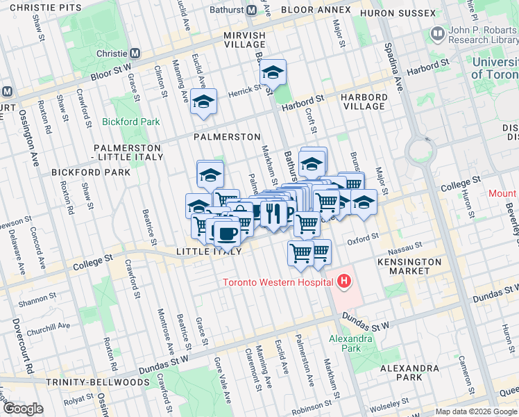 map of restaurants, bars, coffee shops, grocery stores, and more near 326 Palmerston Boulevard in Toronto