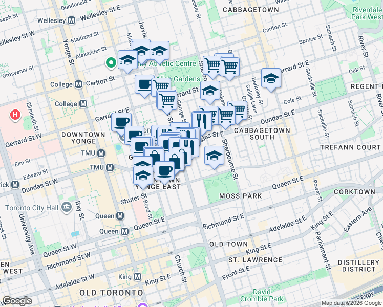 map of restaurants, bars, coffee shops, grocery stores, and more near 203 Dundas Street East in Toronto