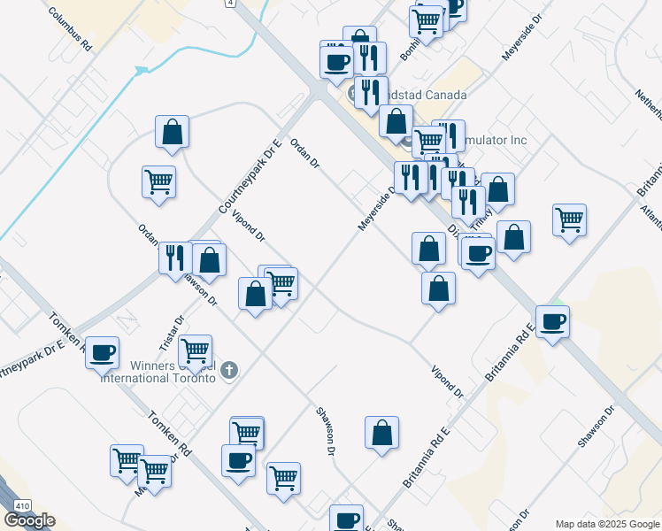 map of restaurants, bars, coffee shops, grocery stores, and more near 1330 Meyerside Drive in Mississauga