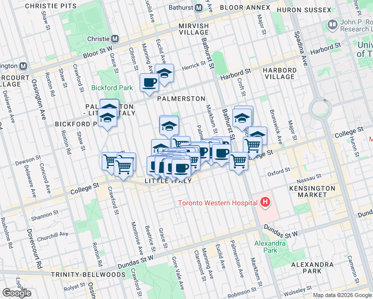 map of restaurants, bars, coffee shops, grocery stores, and more near 436 Euclid Avenue in Toronto