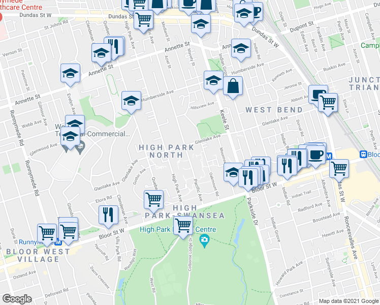map of restaurants, bars, coffee shops, grocery stores, and more near 111 Pacific Avenue in Toronto