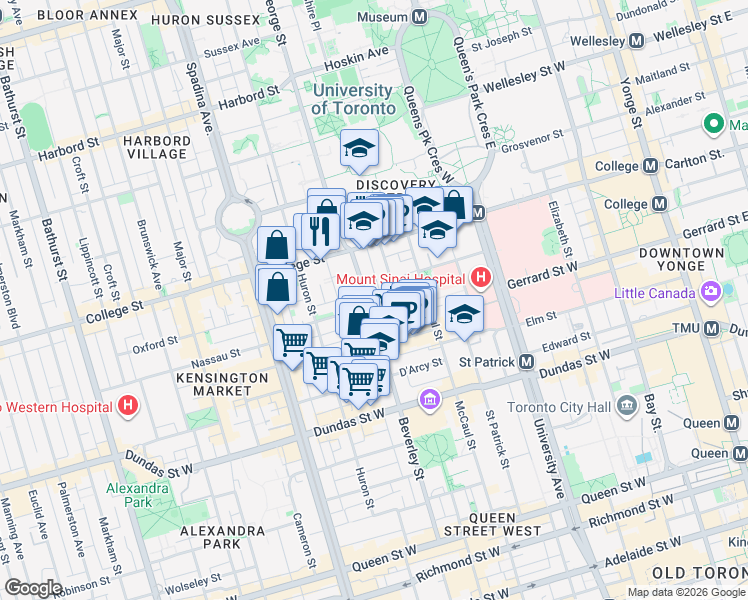 map of restaurants, bars, coffee shops, grocery stores, and more near 12 A Cecil Street in Toronto