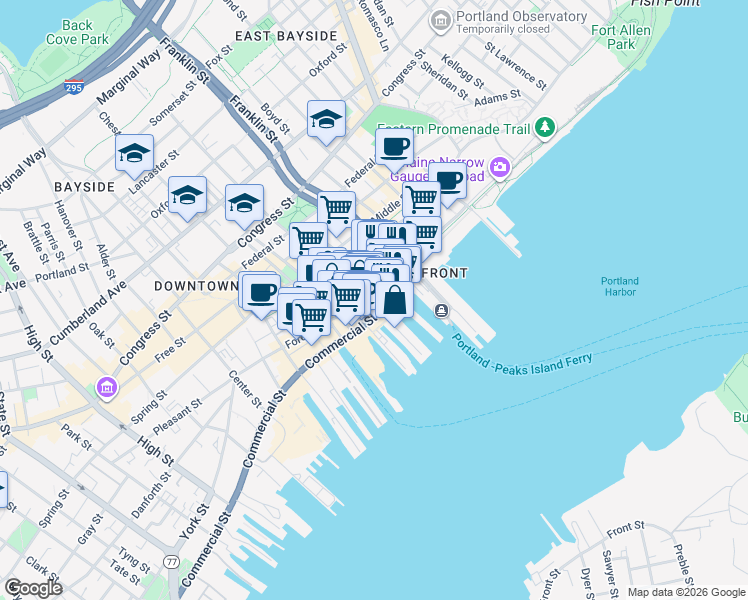 map of restaurants, bars, coffee shops, grocery stores, and more near 312 Fore Street in Portland