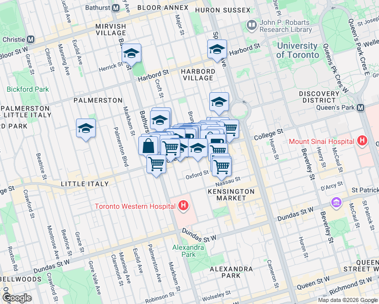 map of restaurants, bars, coffee shops, grocery stores, and more near 378 College Street in Toronto