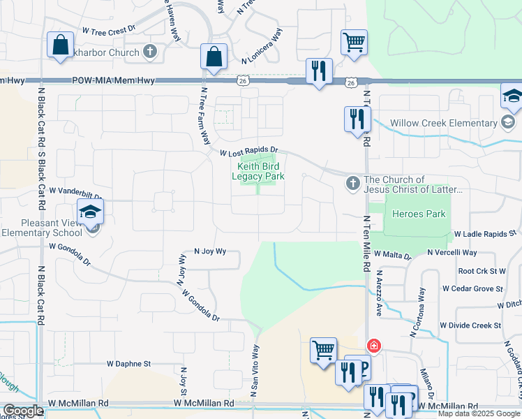 map of restaurants, bars, coffee shops, grocery stores, and more near 3759 West Vanderbilt Drive in Meridian