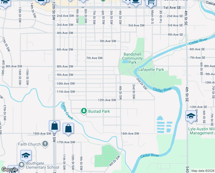 map of restaurants, bars, coffee shops, grocery stores, and more near 607 10th Avenue Southwest in Austin