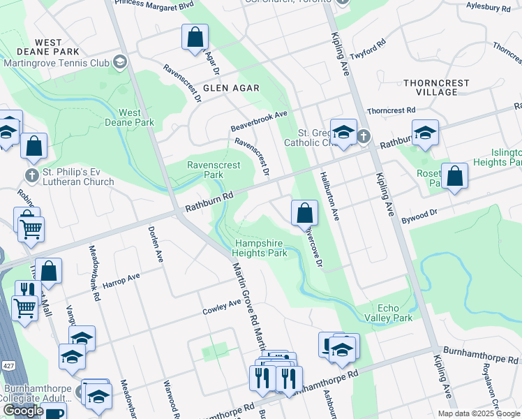 map of restaurants, bars, coffee shops, grocery stores, and more near 26 Hampshire Heights in Toronto