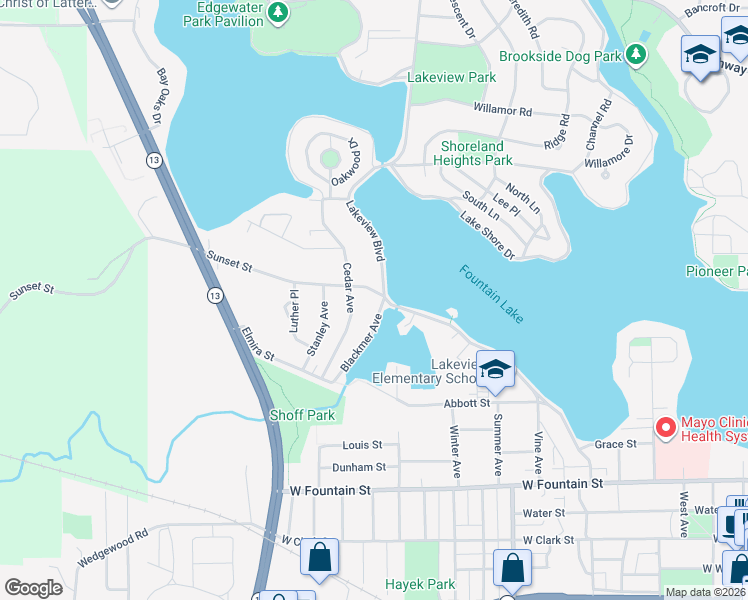 map of restaurants, bars, coffee shops, grocery stores, and more near 1401 Sunset Street in Albert Lea