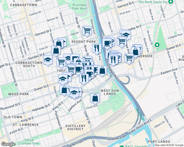 map of restaurants, bars, coffee shops, grocery stores, and more near in Toronto