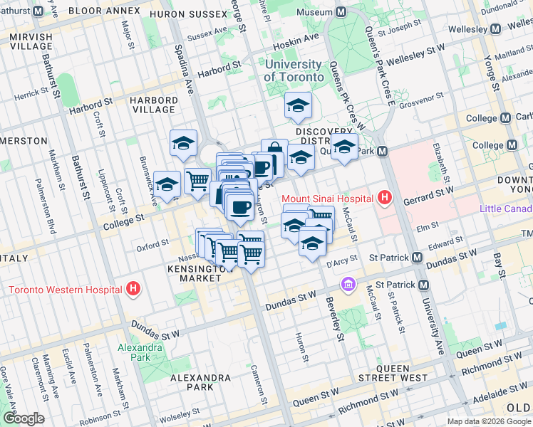 map of restaurants, bars, coffee shops, grocery stores, and more near 157 Huron Street in Toronto