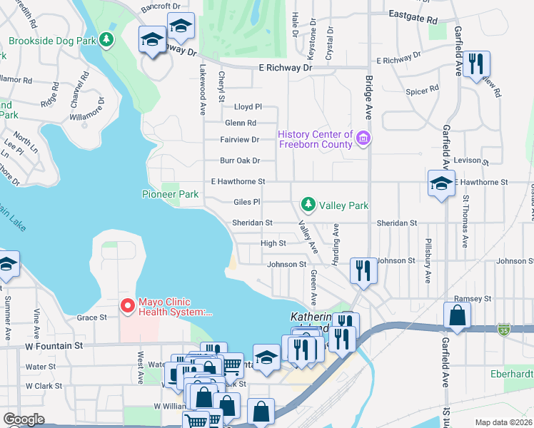 map of restaurants, bars, coffee shops, grocery stores, and more near 406 Giles Place in Albert Lea