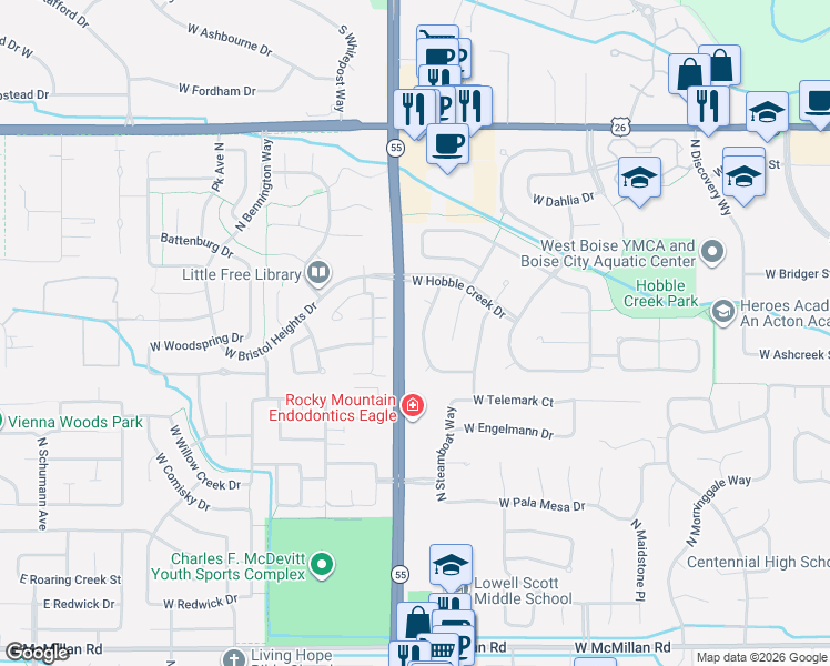 map of restaurants, bars, coffee shops, grocery stores, and more near 5797 North Applebrook Way in Boise