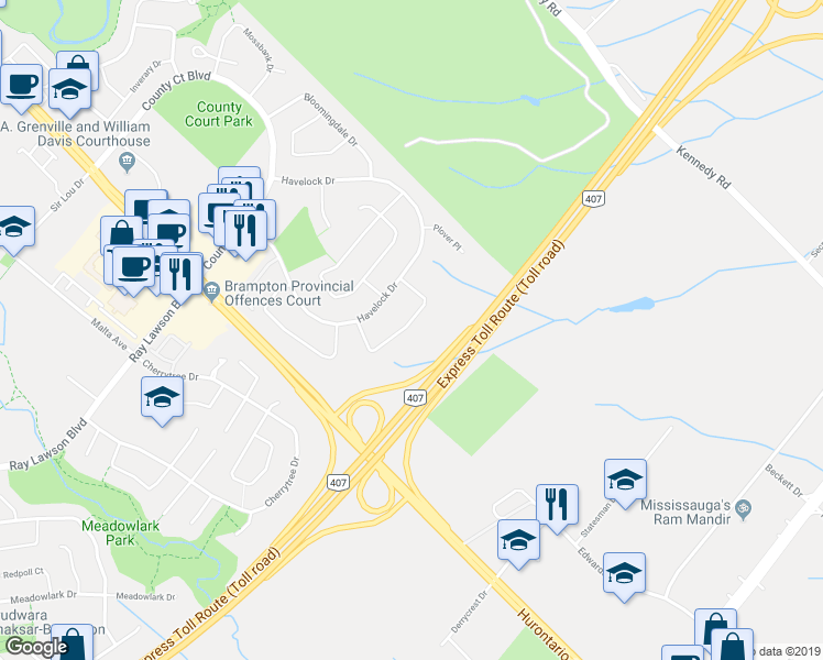map of restaurants, bars, coffee shops, grocery stores, and more near 46 Kesteven Crescent in Brampton