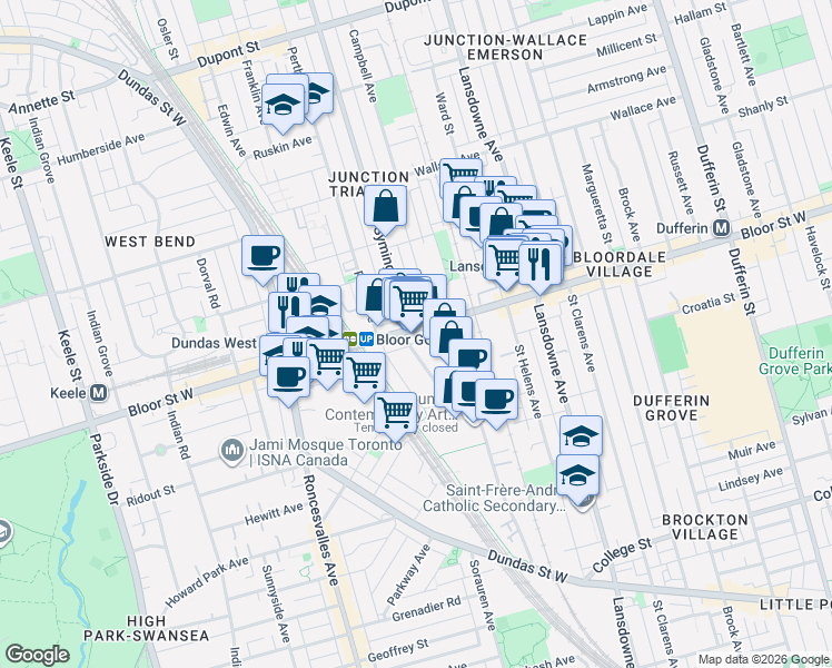 map of restaurants, bars, coffee shops, grocery stores, and more near in Toronto
