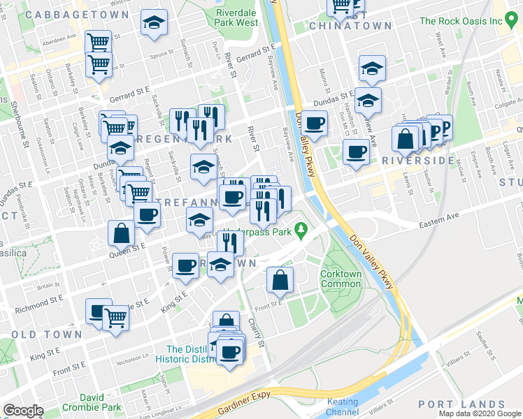 map of restaurants, bars, coffee shops, grocery stores, and more near 544 Queen Street East in Toronto