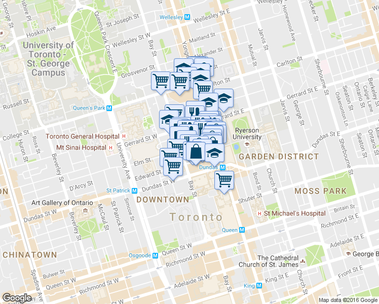 map of restaurants, bars, coffee shops, grocery stores, and more near 43 Elm Street in Toronto