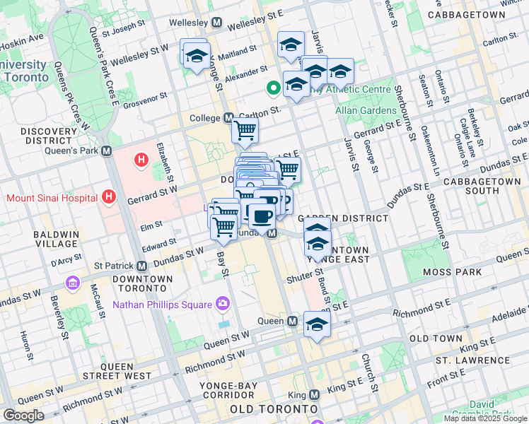 map of restaurants, bars, coffee shops, grocery stores, and more near 323 Yonge Street in Toronto