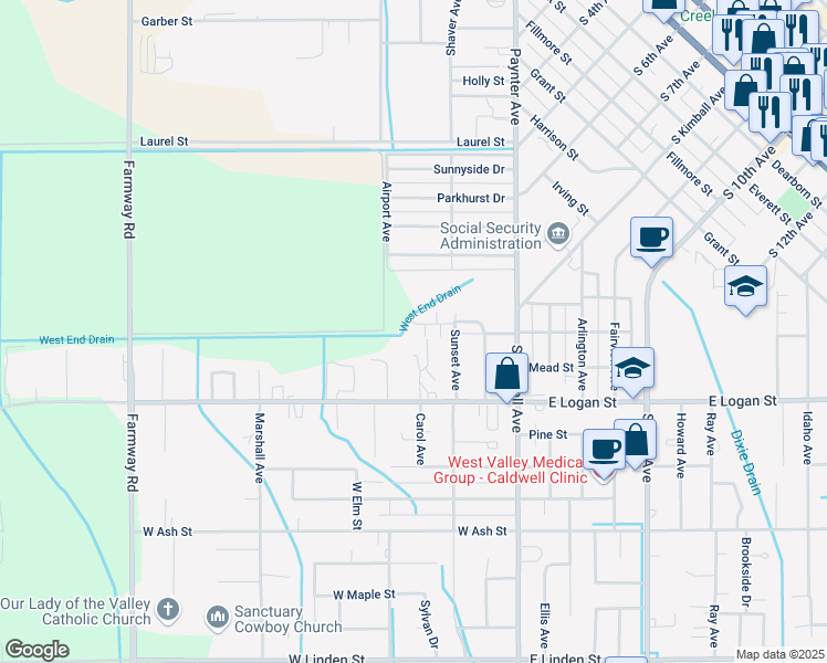 map of restaurants, bars, coffee shops, grocery stores, and more near 203 Sunset Court in Caldwell
