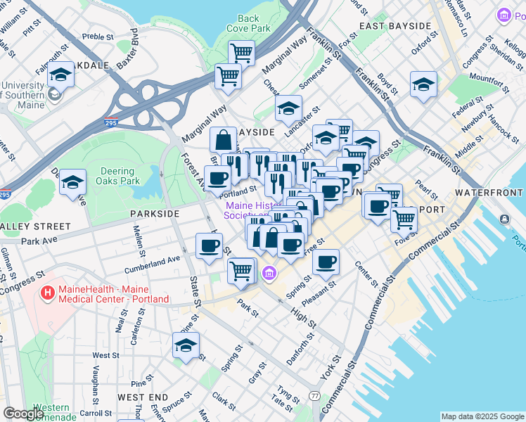 map of restaurants, bars, coffee shops, grocery stores, and more near 9 Hanover Street in Portland