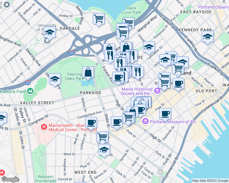 map of restaurants, bars, coffee shops, grocery stores, and more near in Portland