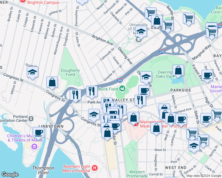 map of restaurants, bars, coffee shops, grocery stores, and more near 144 Washburn Avenue in Portland
