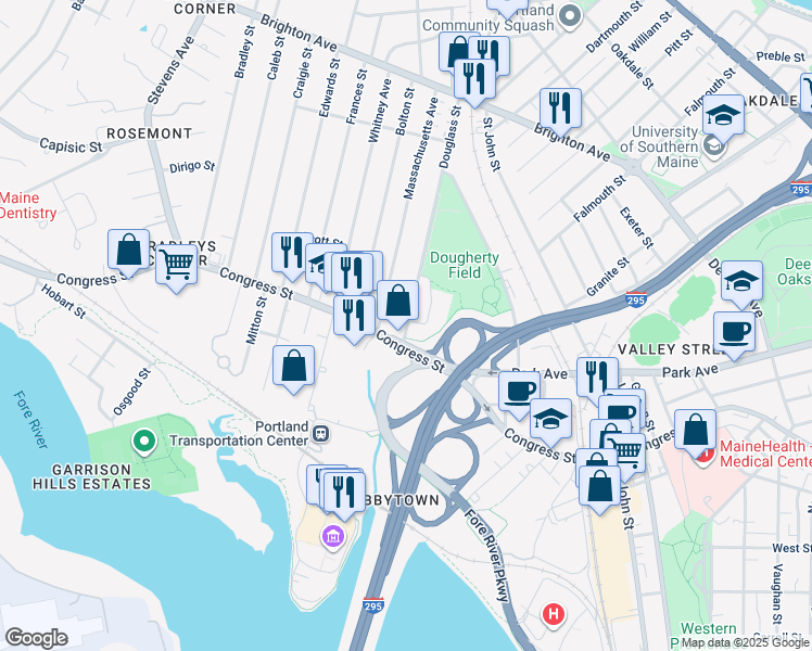map of restaurants, bars, coffee shops, grocery stores, and more near 11 Massachusetts Avenue in Portland
