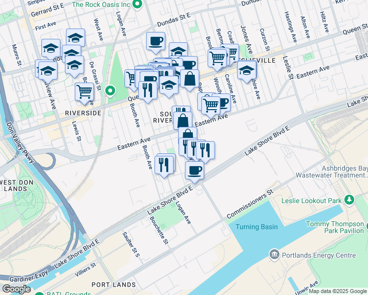 map of restaurants, bars, coffee shops, grocery stores, and more near 99 Morse Street in Toronto