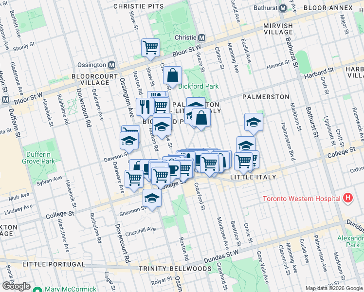 map of restaurants, bars, coffee shops, grocery stores, and more near in Toronto