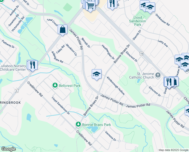 map of restaurants, bars, coffee shops, grocery stores, and more near 2 Washington Court in Brampton