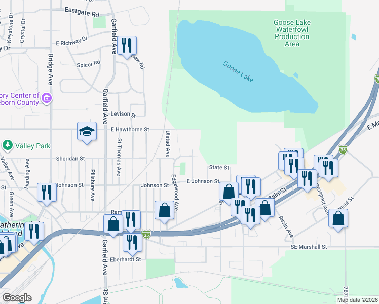 map of restaurants, bars, coffee shops, grocery stores, and more near 1801 Sheridan Street in Albert Lea