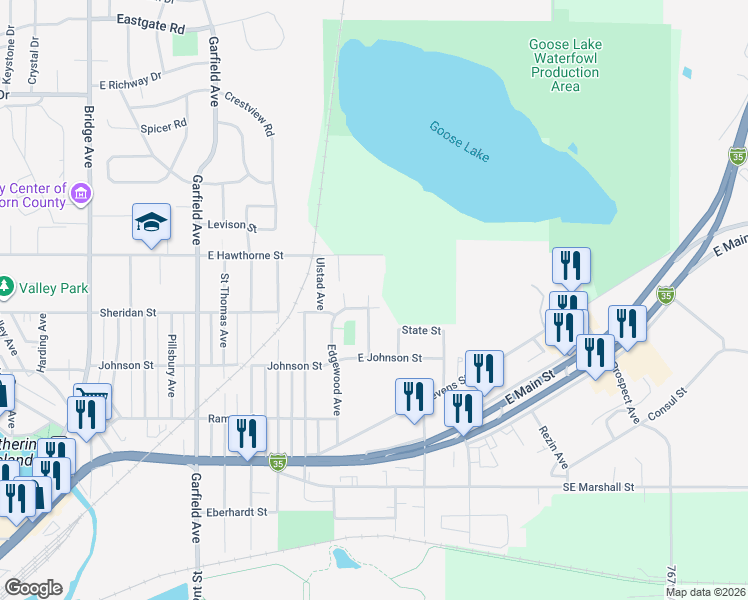 map of restaurants, bars, coffee shops, grocery stores, and more near 1801 Sheridan Street in Albert Lea