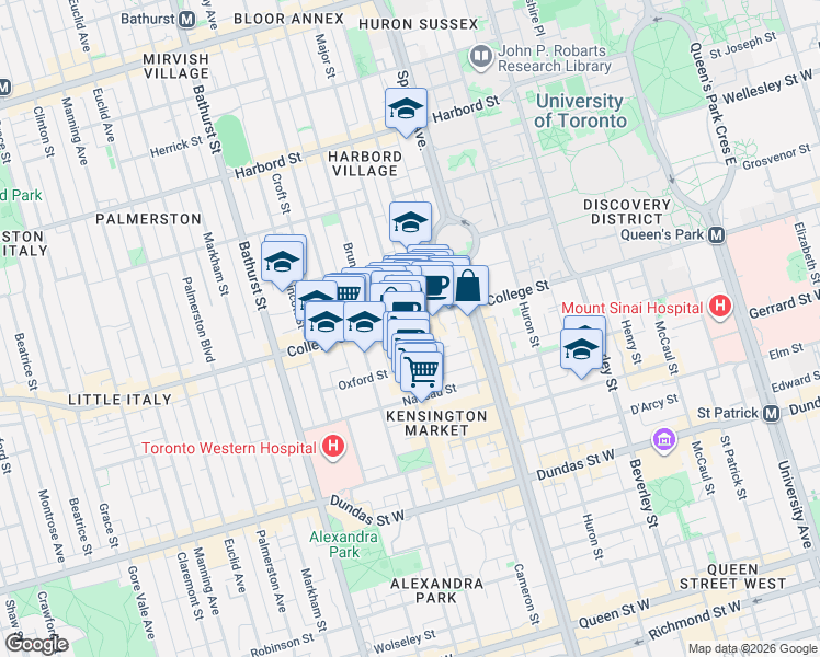 map of restaurants, bars, coffee shops, grocery stores, and more near 335 College Street in Toronto