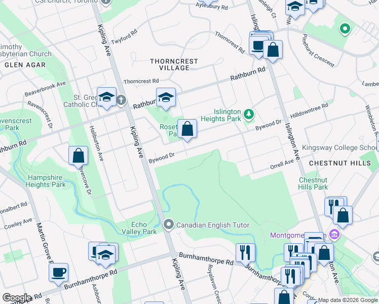 map of restaurants, bars, coffee shops, grocery stores, and more near 49 Bywood Drive in Toronto