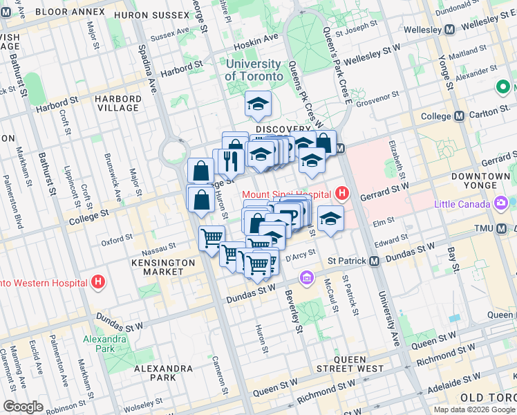 map of restaurants, bars, coffee shops, grocery stores, and more near 210 Beverley Street in Toronto