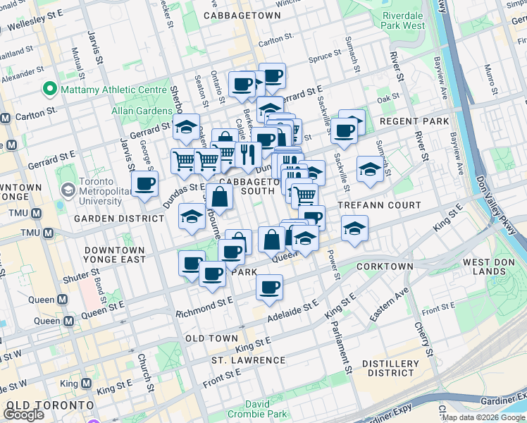 map of restaurants, bars, coffee shops, grocery stores, and more near 212 Milan Street in Toronto