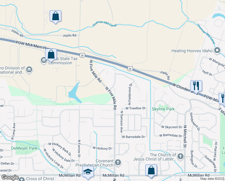map of restaurants, bars, coffee shops, grocery stores, and more near 5750 North Five Mile Court in Boise