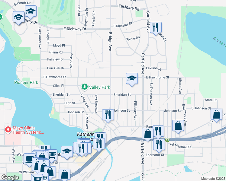 map of restaurants, bars, coffee shops, grocery stores, and more near 910 Bridge Avenue in Albert Lea