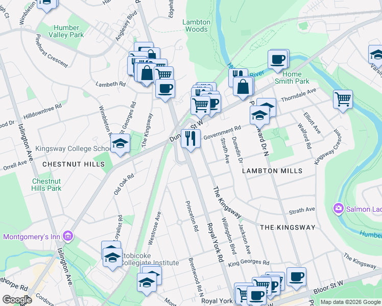 map of restaurants, bars, coffee shops, grocery stores, and more near 1109 Royal York Road in Toronto