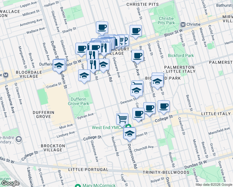 map of restaurants, bars, coffee shops, grocery stores, and more near in Toronto