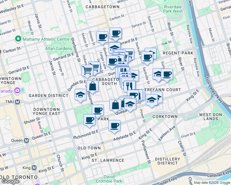 map of restaurants, bars, coffee shops, grocery stores, and more near in Toronto