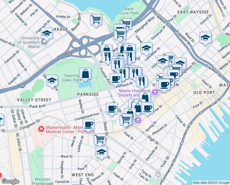map of restaurants, bars, coffee shops, grocery stores, and more near 100 Forest Avenue in Portland