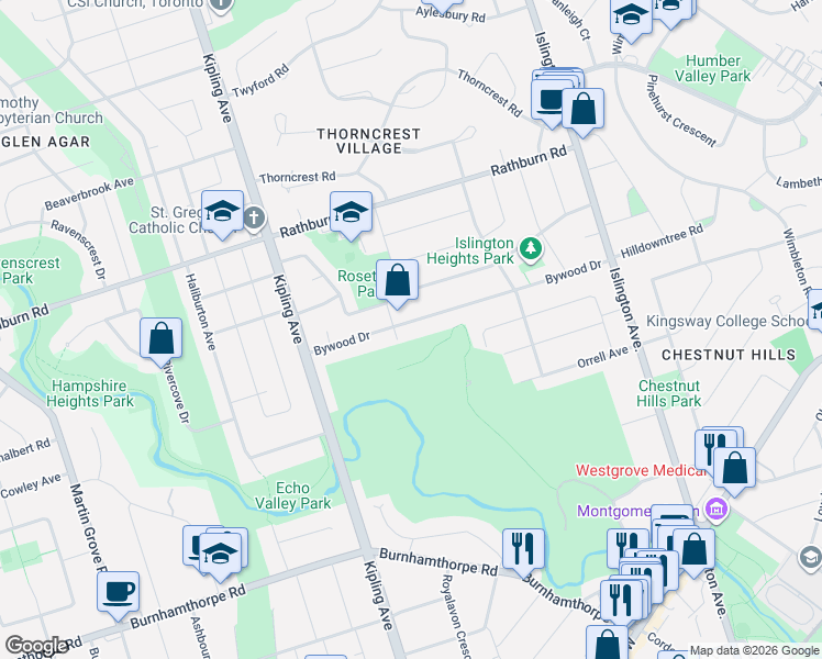 map of restaurants, bars, coffee shops, grocery stores, and more near 55 Bywood Drive in Toronto