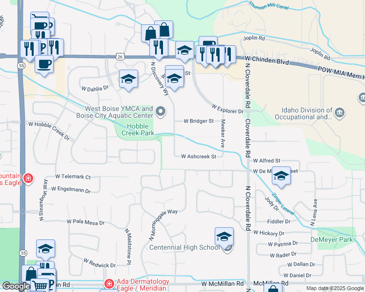 map of restaurants, bars, coffee shops, grocery stores, and more near 5740 North Discovery Way in Boise